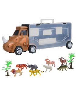 Детски автовоз Raya Toys - Носорог с животни, 11 части