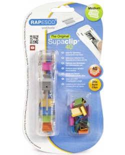 Диспенсър за клипсове Rapesco - Supaclip, за 40 листа, с включени 25 цветни клипса