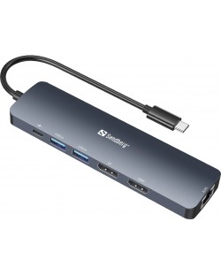 Докинг станция Sandberg - USB-C 8K Display Dock, 6 порта, сива