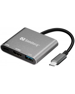 Докинг станция Sandberg - Mini Dock HDMI+USB, 3 порта, USB-C, сива