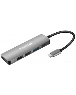 Докинг станция Sandberg  - USB-C Dock, HDMI+3xUSB+PD, 5 порта, USB-C, сива