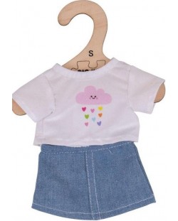 Дреха за кукла Bigjigs - Бяла тениска и дънкова пола, 25 cm