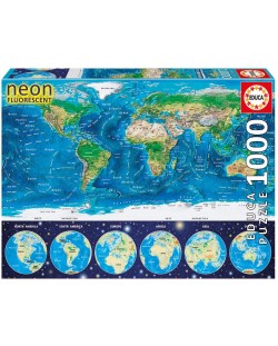 Неонов пъзел Educa от 1000 части - Световна карта