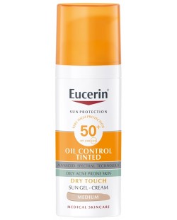 Eucerin Sun Оцветен слънцезащитен гел-крем за лице Oil Control, SPF 50+, Тъмен, 50 ml