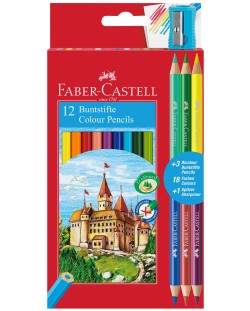 Цветни моливи Faber-Castell - Замък, 12+6 цвята, с острилка