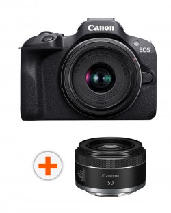 Фотоапарат Canon - EOS R100, RF-S 18-45mm, f/4.5-6.3 IS STM, Black + Обектив Canon - RF 50mm, F/1.8 STM