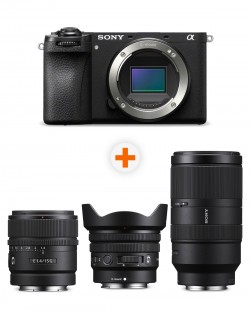 Фотоапарат Sony - Alpha A6700, Black + Обектив Sony - E, 15mm, f/1.4 G + Обектив Sony - E PZ, 10-20mm, f/4 G + Обектив Sony - E, 70-350mm, f/4.5-6.3 G OSS