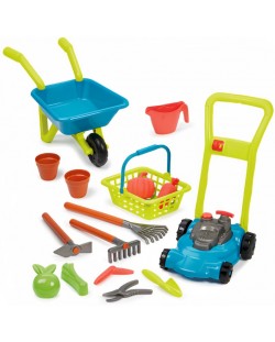 Градинарски комплект 3 в 1 Ecoiffier - Косачка, количка и кошница с инструменти, 16 части