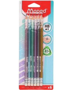Графитни моливи Maped - Glitter, HB, с гумичка, 6 броя