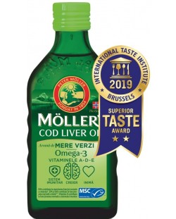 Omega-3 + Витамини A, D, E Cod Liver Oil, ябълка, 250 ml, Mollers