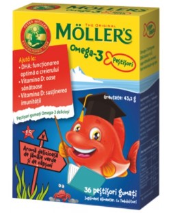 Omega-3 Желирани рибки за деца, ягода, 36 броя, Mollers