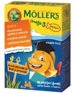 Omega-3 Желирани рибки за деца, портокал, 36 броя, Mollers