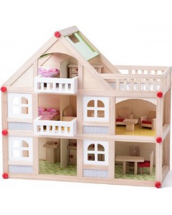 Игрален комплект Woody - Триетажна къща, с балкони, аксесоари и кукли