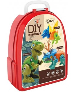 Игрален комплект в куфарче Raya Toys - 3 динозавъра за сглобяване с отвертка