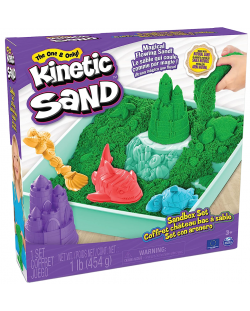 Игрален комплект Kinetic Sand - Пясъчник с аксесоари и зелен кинетичен пясък