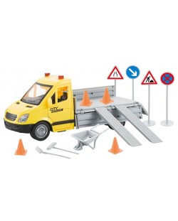 Игрален комплект Raya Toys - Камион City Maintenance, С пътни знаци, звуци и светлини, жълт