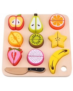 Игрален комплект Tooky Toy - Дървени плодове за рязане с табла