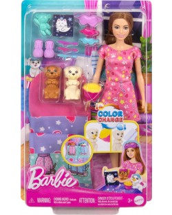 Игрален комплект Barbie Color Change - Пижамено парти с кученцaта на Барби