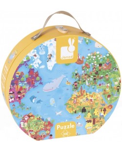 Детски гигантски пъзел Janod - Карта на света, в куфар