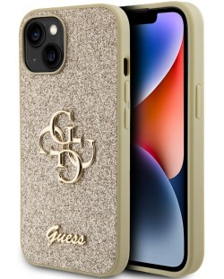 Калъф Guess - Fixed Glitter 4G Metal Logo, iPhone 15, златист