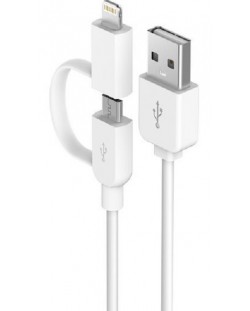 Кабел Devia - 2 в 1, USB-A/Micro USB/Lightning, 1 m, бял