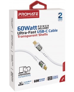 Кабел ProMate - TransLine-CC, USB-C/USB-C, 1.2 m, бял