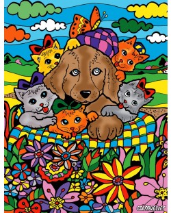 Картина за оцветяване ColorVelvet - Котета и куче, 29.7 х 21 cm