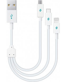 Кабел ttec - Mini Trio, USB-A/USB-C/Lightning/Micro USB, 0.3 m, бял
