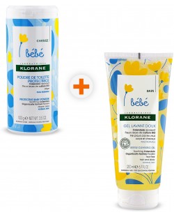 Klorane Bebe Calendula Комплект - Нежен измиващ гел и Защитна пудра, 200 ml + 100 g (Лимитирано)