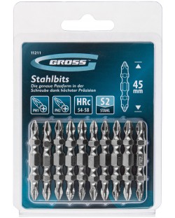 Комплект двустранни битове Gross - PH2-Ph1 x 45 mm, S2, 10 броя