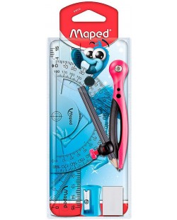 Комплект за чертане Maped Essentials Kids - 8 части, с пергел, розов