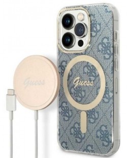 Калъф и зарядно Guess - 4G MagSafe, iPhone 14 Prо, син