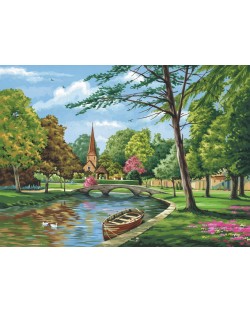Комплект за рисуване върху платно Royal - Църква до реката, 36 х 28 cm