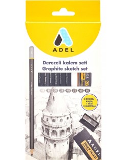 Комплект чернографитни моливи Adel - С острилка и гума