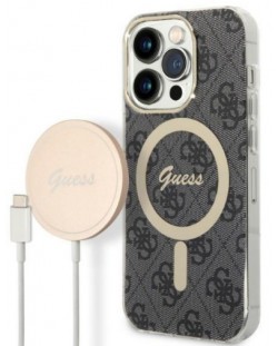 Калъф и зарядно Guess - 4G MagSafe, iPhone 14 Prо, черен