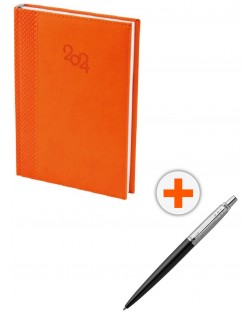 Комплект календар-бележник Spree- Оранжев с химикалка Parker Royal Jotter Originals, черна