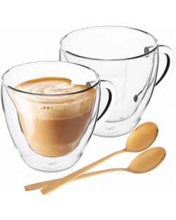 Комплект от 2 двустенни чаши за кафе ADS - Andrea, 250 ml, с лъжички