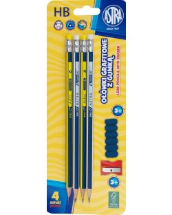 Комплект графитни моливи Astra -  С острилка и капачка, HB, 4 броя