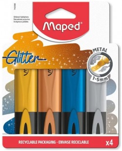 Комплект маркери Maped - Fluo Glitter Metal, 4 цвята