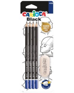 Комплект моливи Carioca - Черни, 4 броя, HB, гумичка