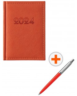 Комплект календар-бележник Европа - Оранжев, с химикалка Parker Royal Jotter Originals Glam Rock, червена