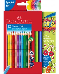 Цветни aкварени моливи Faber-Castell Grip 2001 - 12 цвята и 2 флумастера