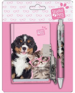 Комплект таен дневник с химикалка Paso Studio Pets - Куче и коте с очила