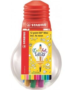 Комплект мини тънкописци Stabilo Point 88 - Mini Colorful Ideas, в крушка, 12 цвята