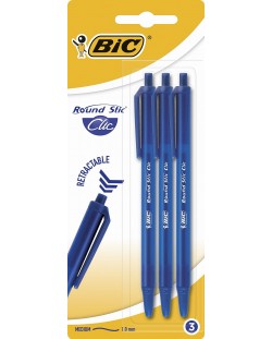 Комплект автоматични химикалки BIC Round Stic Clic - 1.0 mm, сини, 3 броя