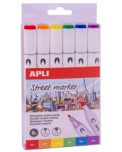 Комплект двувърхи маркери Apli - 6 цвята