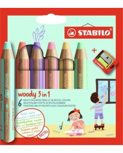 Комплект цветни моливи Stabilo Woody 3 in 1 - 6 пастелни цвята, с острилка