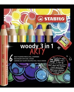 Комплект цветни моливи Stabilo Woody 3 in 1 - Arty, 6 цвята, с острилка