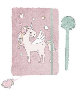 Комплект плюшен дневник с химикалка с пух Paso Unicorn - A5, с ластик