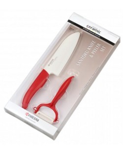 Комплект керамичен нож с белачка Kyocera - червен